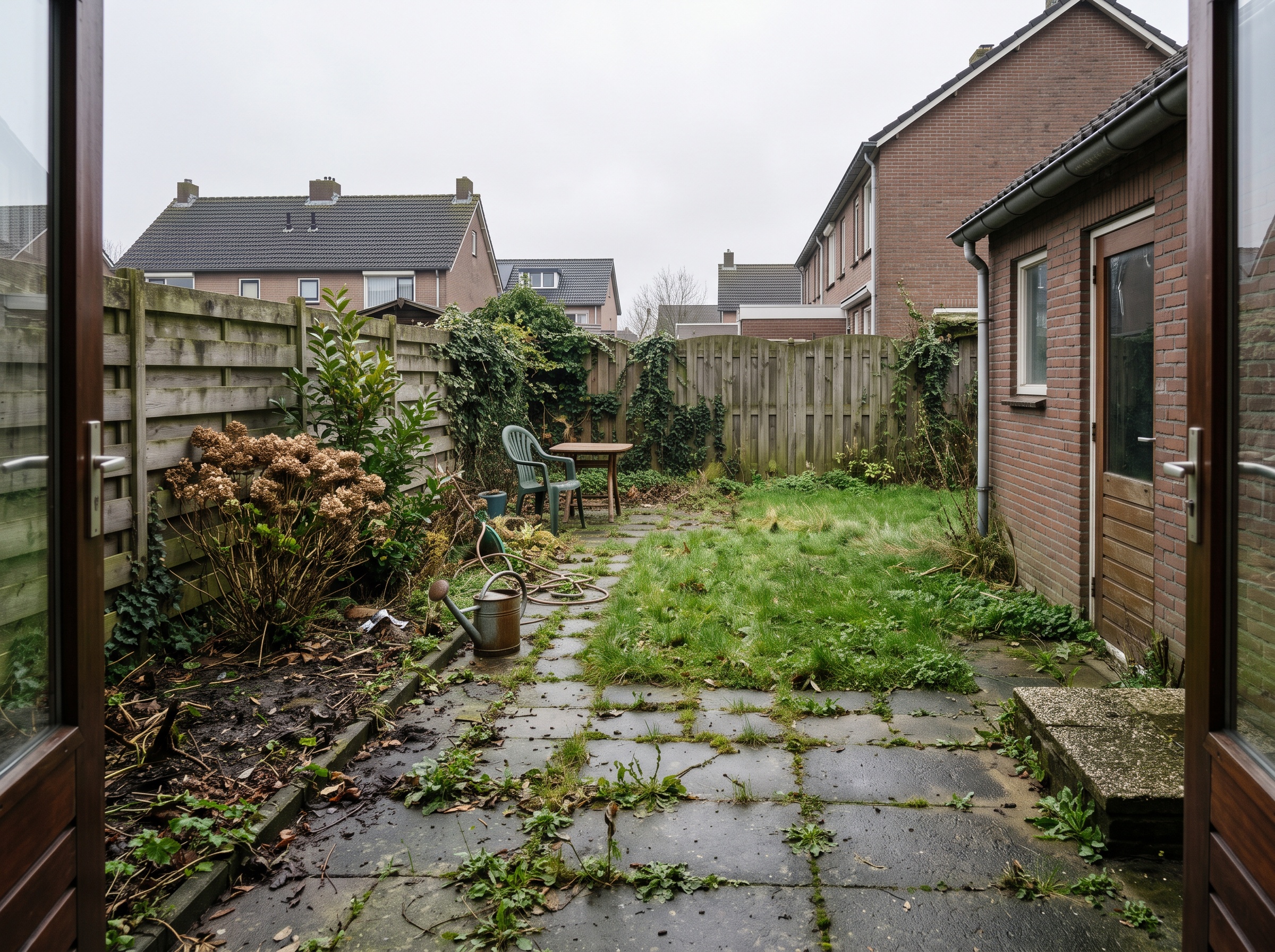 Verwaarloosde Nederlandse achtertuin vóór het ontwerp